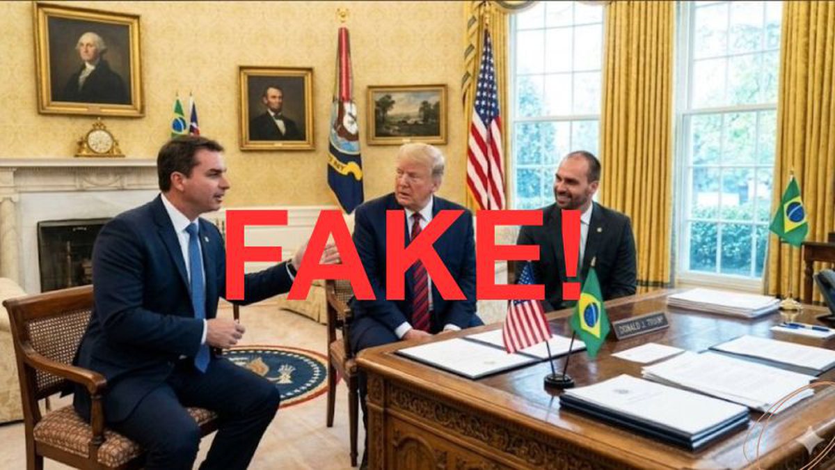 Fake: Foto de Flávio Bolsonaro, Trump e Eduardo Bolsonaro sentados no Salão Oval da Casa Branca é IA