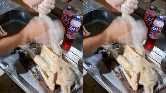 Imagem VÍDEO: Em meio a polêmica, bolsonarista lava frango com detergente Ypê