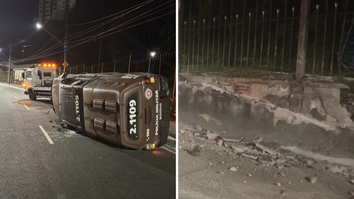 Viatura da Rondesp capota e fica destruída em avenida de Salvador; veja imagens