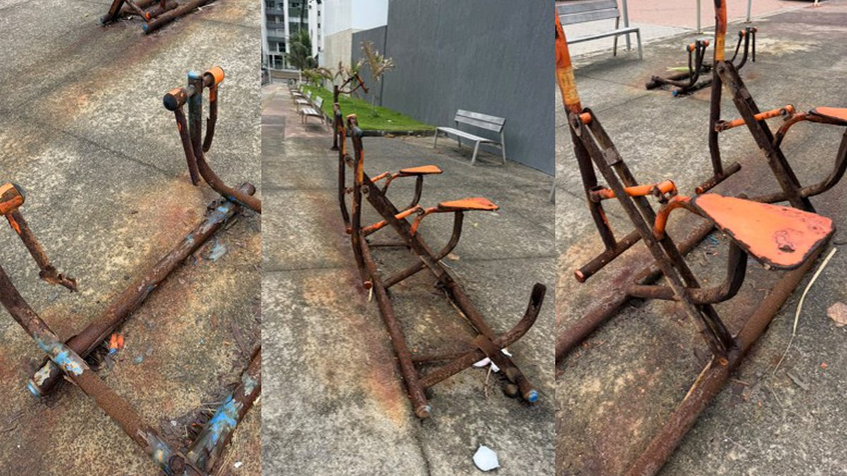 Equipamentos de academia ao ar livre estão enferrujados e quebrados no bairro de Ondina