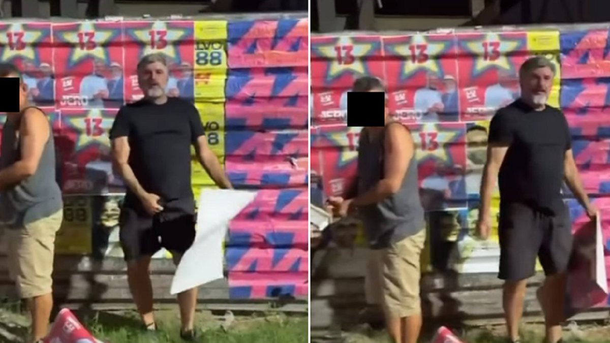 Gustavo Ferraz faz gesto obsceno ao ser flagrado colando cartazes do PT em Lauro de Freitas