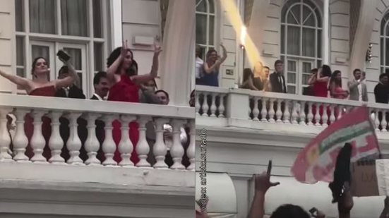 Imagem Deboche: Convidados de festa de elite no Copacabana Palace provocam participantes de ato de Lula com gestos de apoio a Flávio