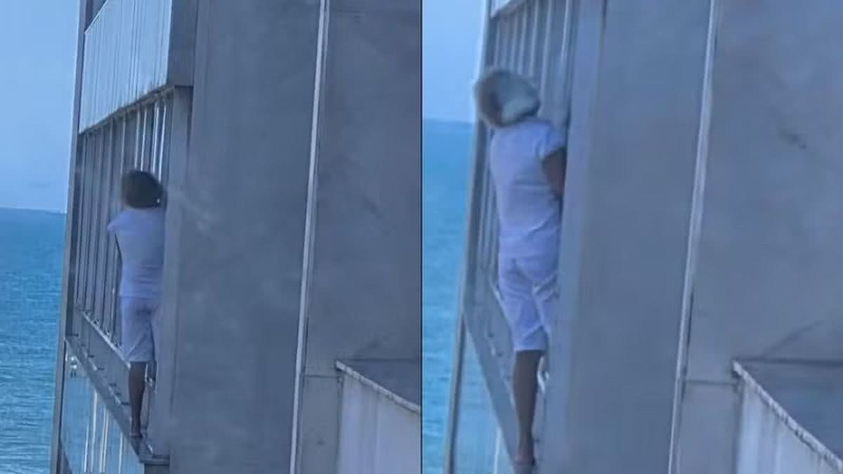 Doméstica é flagrada se equilibrando em parapeito para limpar janelas no endereço mais caro da capital