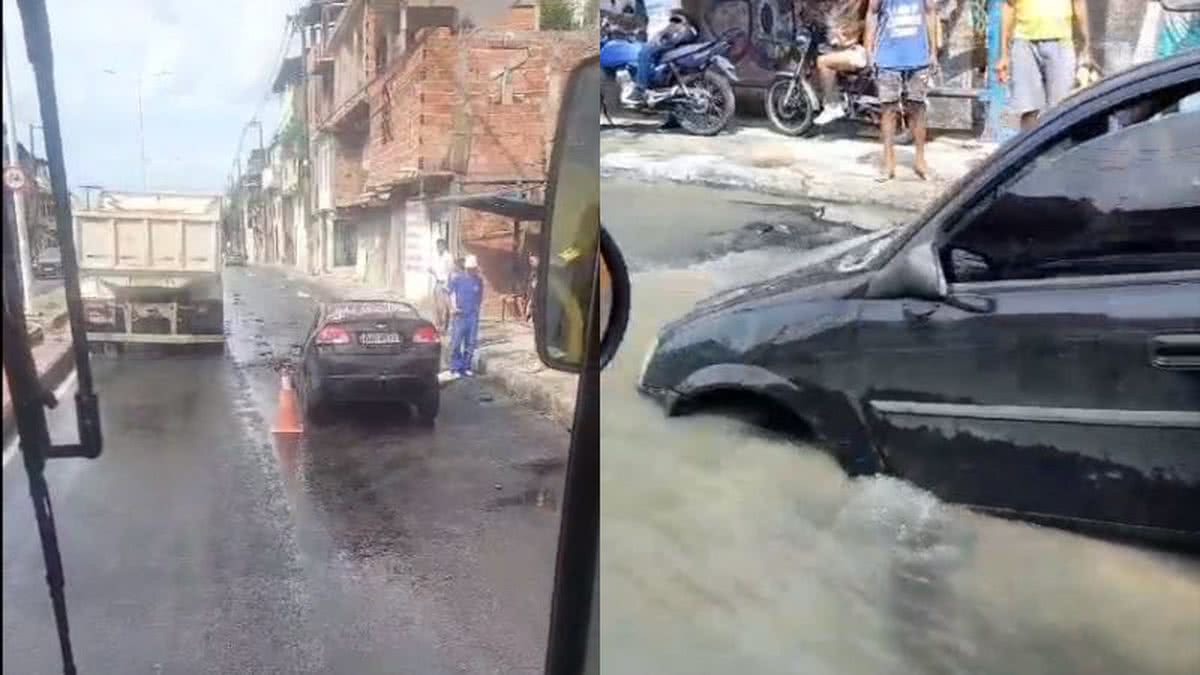 VÍDEO: Carro cai em cratera após asfalto ceder em avenida de Salvador