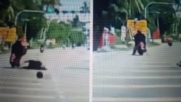 Imagem Mulher cai de moto após ser atingida por coco