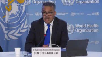 Tedros Adhanom Ghebreyesus, durante anúncio na OMS neste sábado - Foto: Reprodução/Twitter