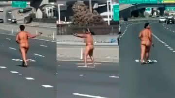 Imagem Mulher completamente nua atira contra carros no meio de avenida; assista
