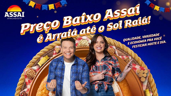 Banner oficial da campanha de Festa Junina do Assaí Atacadista com o Michel Teló e a Raphaela Santos - Foto: Divulgação/Assaí Atacadista