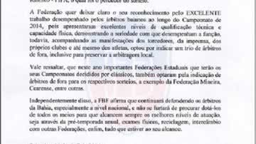 Imagem Através de comunicado, FBF explica escolha de árbitros de fora para BaVi