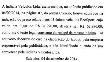 Imagem Concessionária culpa empresa de publicidade pelo anúncio equivocado de EcoSport