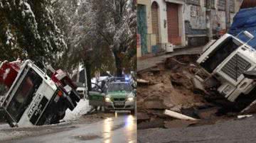 Imagem Do Uruguai à Alemanha: caminhão entala em vala coberta por neve