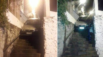 Imagem Motorista tenta descer escadarias, mas carro fica preso entre muros