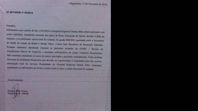 Imagem Hospital de Alagoinhas pode fechar por falta de repasse do Governo