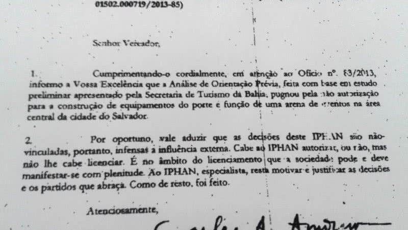 Imagem Iphan não liberou construção da Arena Castro Alves