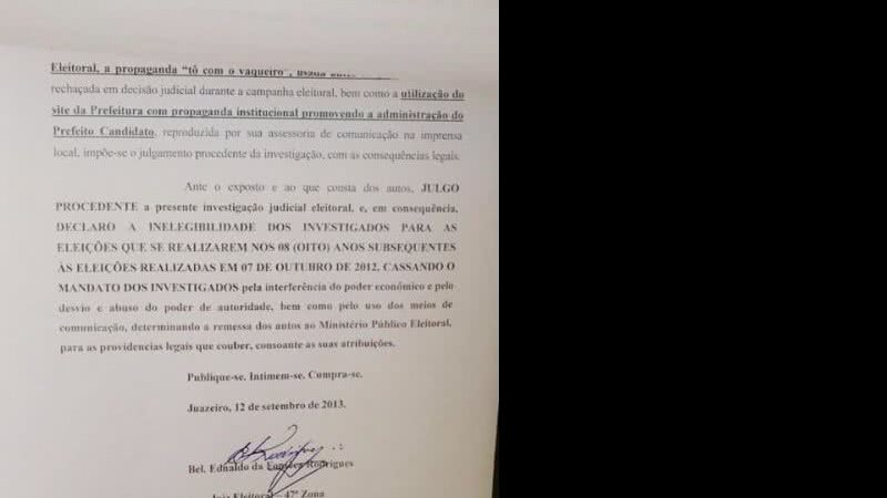 Imagem TRE cassa mandato do prefeito de Juazeiro