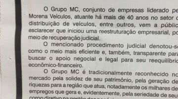 Imagem Após matéria do Bocão News, concessionária Morena confirma crise