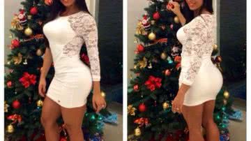 Imagem Gracy Barbosa posa ao lado de árvore de Natal com vestido justinho
