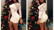 Imagem Gracy Barbosa posa ao lado de árvore de Natal com vestido justinho
