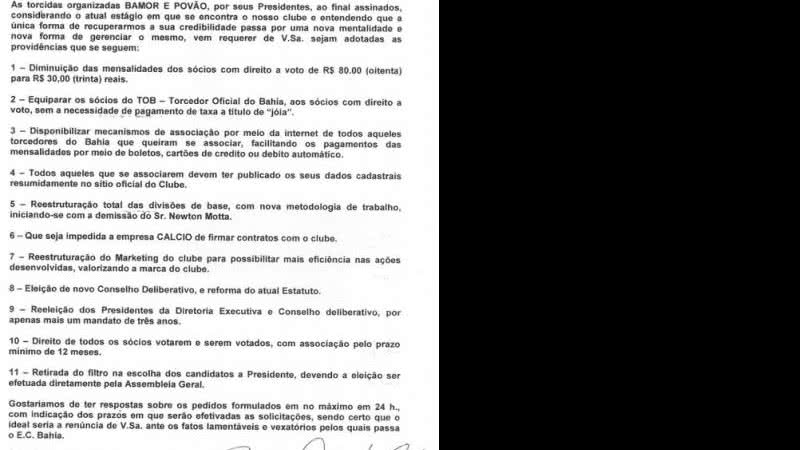 Imagem Torcidas do Bahia fazem carta com exigências a MGF