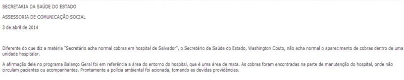 Imagem Secretário de Saúde não acha normal ter cobras em hospital, diz Sesab