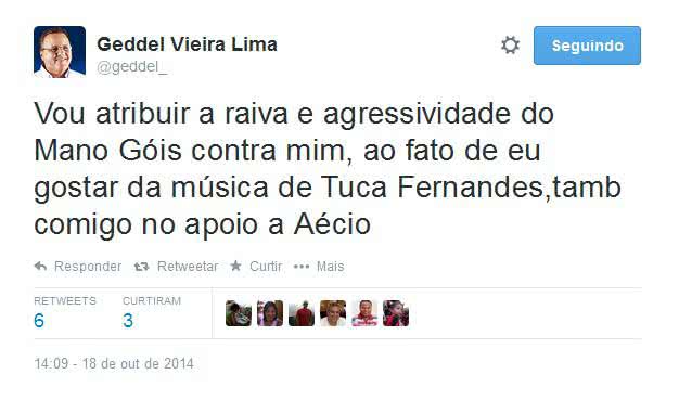 Imagem Geddel: Raiva de Mano Góes deve ser porque gosto da música de Tuca Fernandes