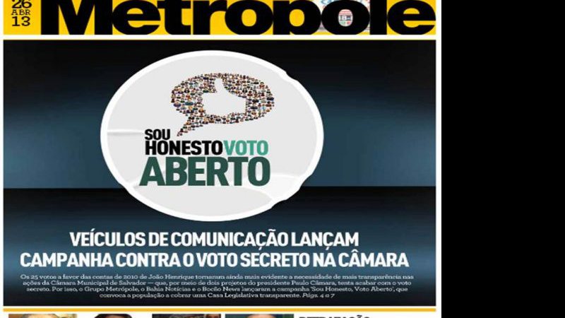 Imagem Jornal da Metrópole destaca campanha “Sou honesto voto aberto”