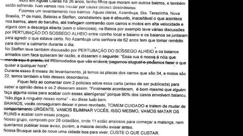 Imagem Carta circula em SC ameaçando matar baianos mal educados