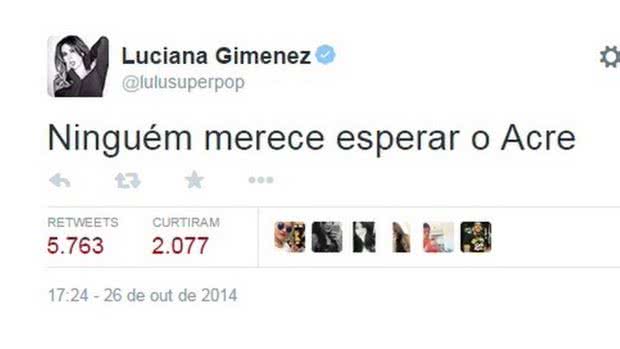 Imagem Luciana Gimenez zomba do Acre por 'atrasar' resultado das eleições