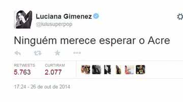 Imagem Luciana Gimenez zomba do Acre por 'atrasar' resultado das eleições