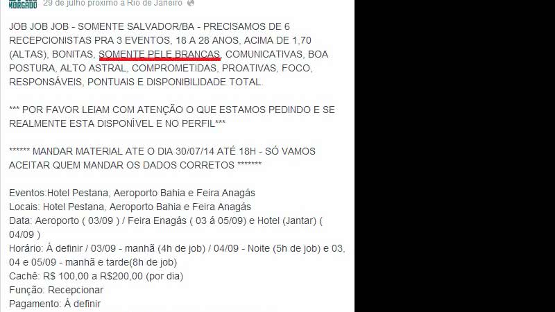 Imagem Empresa vem para Salvador e exige em seleção mulheres de "pele branca"