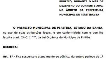 Imagem Piritiba: prefeitura decide suspender atendimento ao público em dezembro
