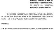 Imagem Piritiba: prefeitura decide suspender atendimento ao público em dezembro