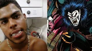 Imagem Jovem costura dente de vampiro de plástico na boca em Ipiaú
