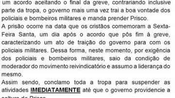 Imagem Prisão de Prisco: capitão Tadeu convoca PMs para retomar a greve