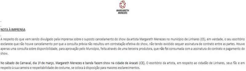 Imagem Prefeitura acusa Margareth Menezes de furar show em Carnaval