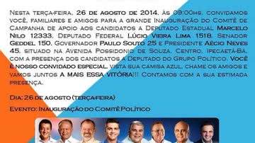Imagem  Nilo aparece em convite de comitê junto com Geddel, Paulo Souto e Aécio