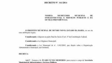 Imagem Mundo Novo: filho do prefeito é nomeado secretário