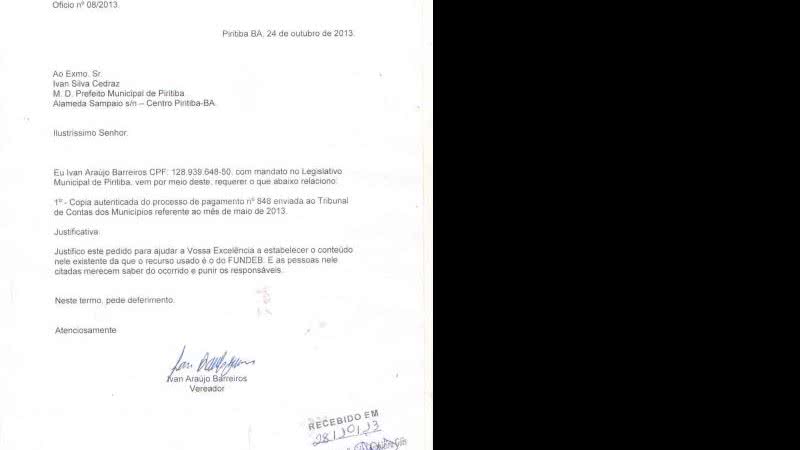 Imagem Piritiba: Vereador cobra punição ao prefeito por suposto desvio de dinheiro