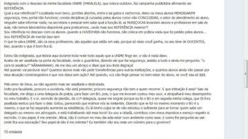 Imagem Aluna da UNIME é vítima de assalto e desabafa em rede social