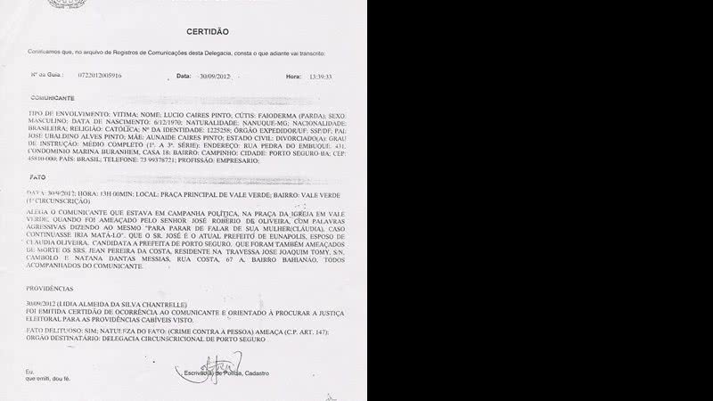 Imagem Porto Seguro: rival da prefeita diz que é ameaçado de morte pelo marido dela 
