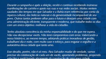 Imagem “Não vou decepcionar vocês”, promete ACM, em carta ao povo de Salvador