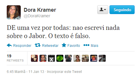 Imagem E-mail de Dora Kramer sobre Arnaldo Jabor é falso