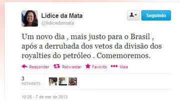 Imagem Lídice comemora  derrubada dos vetos da presidente à lei dos royalties