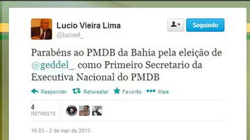 Imagem Geddel é o único baiano na executiva nacional do PMDB
