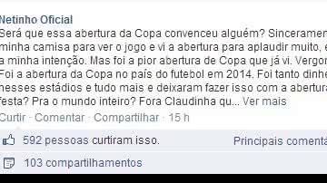Imagem Netinho sobre abertura da Copa: "foi de pobreza criativa única"