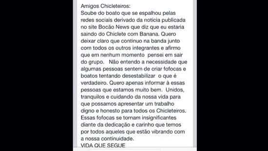 Imagem Em post, Wadinho nega saída do Chiclete: Vida que segue