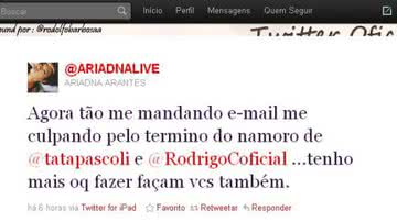 Imagem Ariadna nega ser pivô da separação de Rodrigo e Talula?