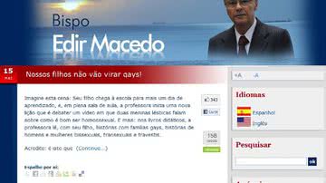 Imagem Bispo Edir Macedo endossa críticas à cartilha gay