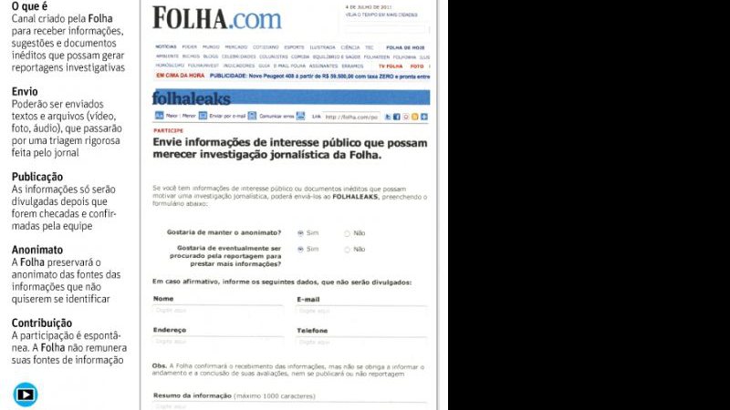 Imagem Folha lança site para receber informações de fontes anônimas