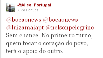 Imagem Alice Portugal nega ser vice de Pelegrino